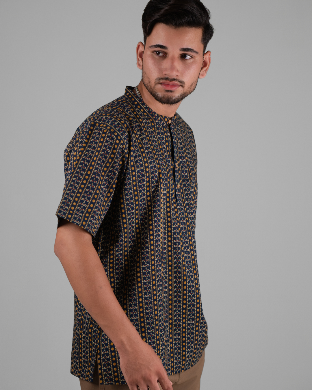 Navy Blue Paisley Printed Bushirt for Men